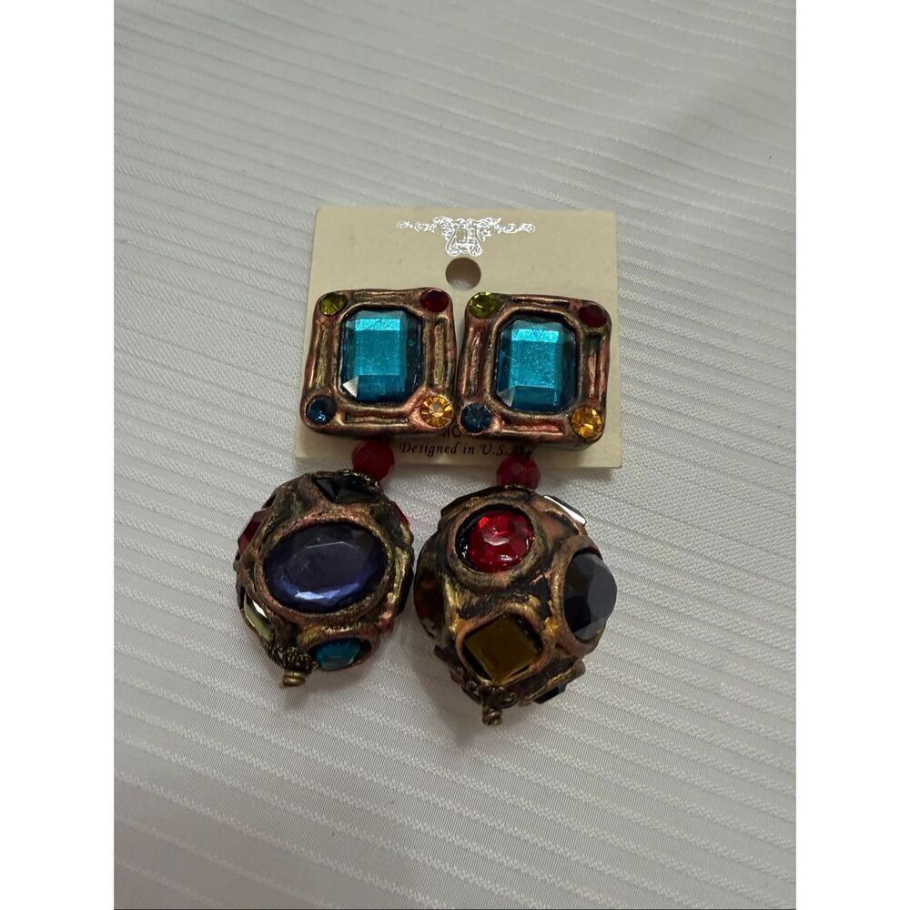 Vintage 80s Retro Boho Chic Art To Wear Wearable Art Faceted Clip Earrings